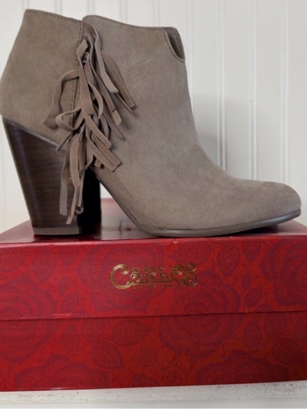 Carlos by Carlos Santana Taupe Suede Fringe Ankle Booties with Stacked Heel